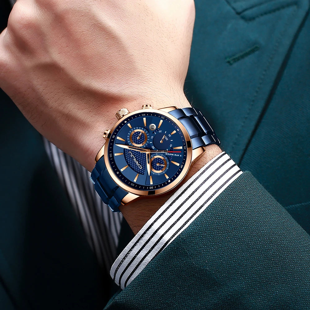 Business Men Watch Fashion Blue Date Chronograph Stianless Steel Wristwatch Mens Casual Waterproof Clock