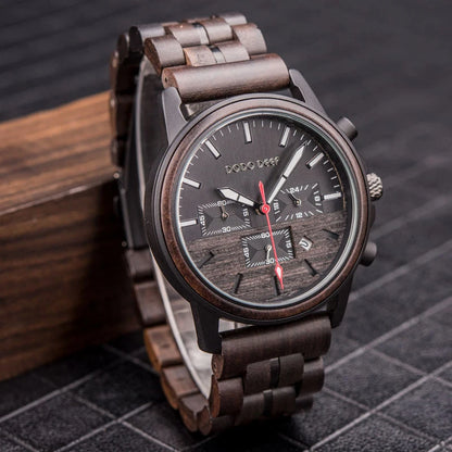 Wood Quartz Stop Watch Timer Luxury Chronograph Wristwatch Auto Date