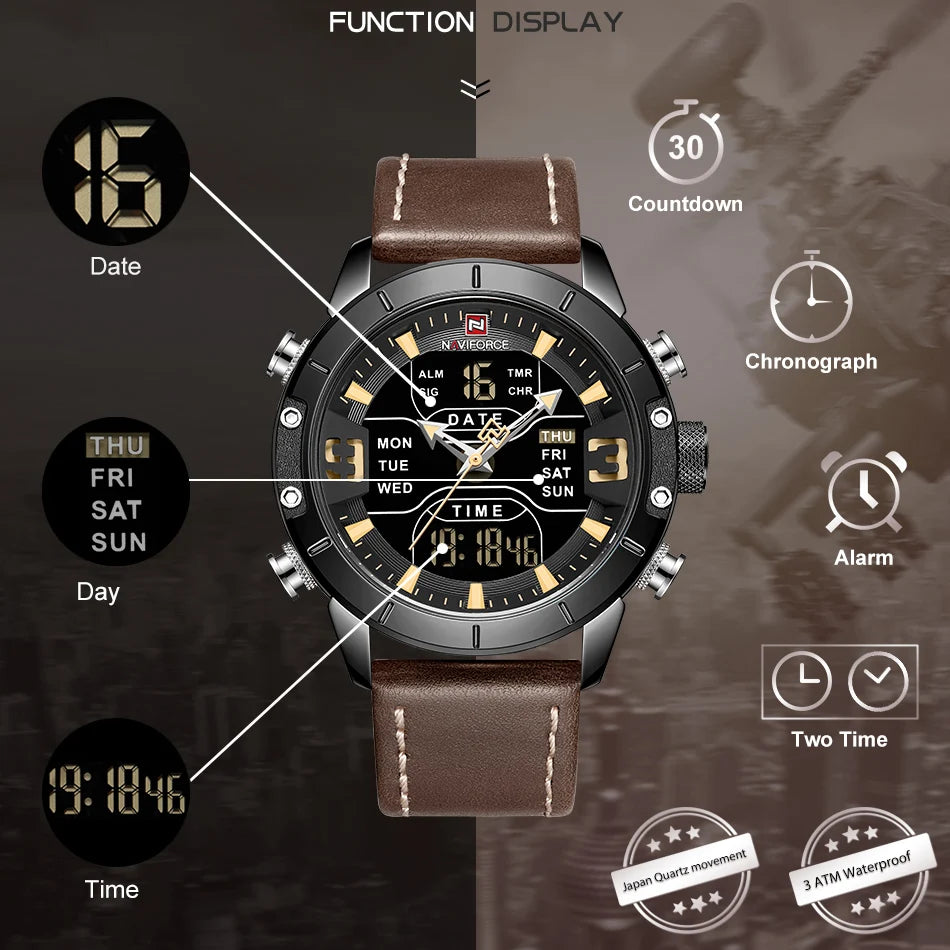 Leather Waterproof Quartz Wristwatches Military Sport Men’s Watches Date