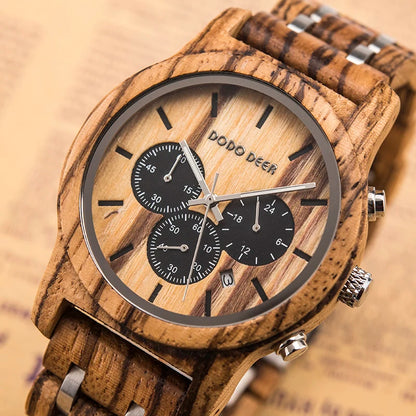 Wooden Watch in Quartz Stop Wristwatches Chronograph Waterproof Luminous Hands