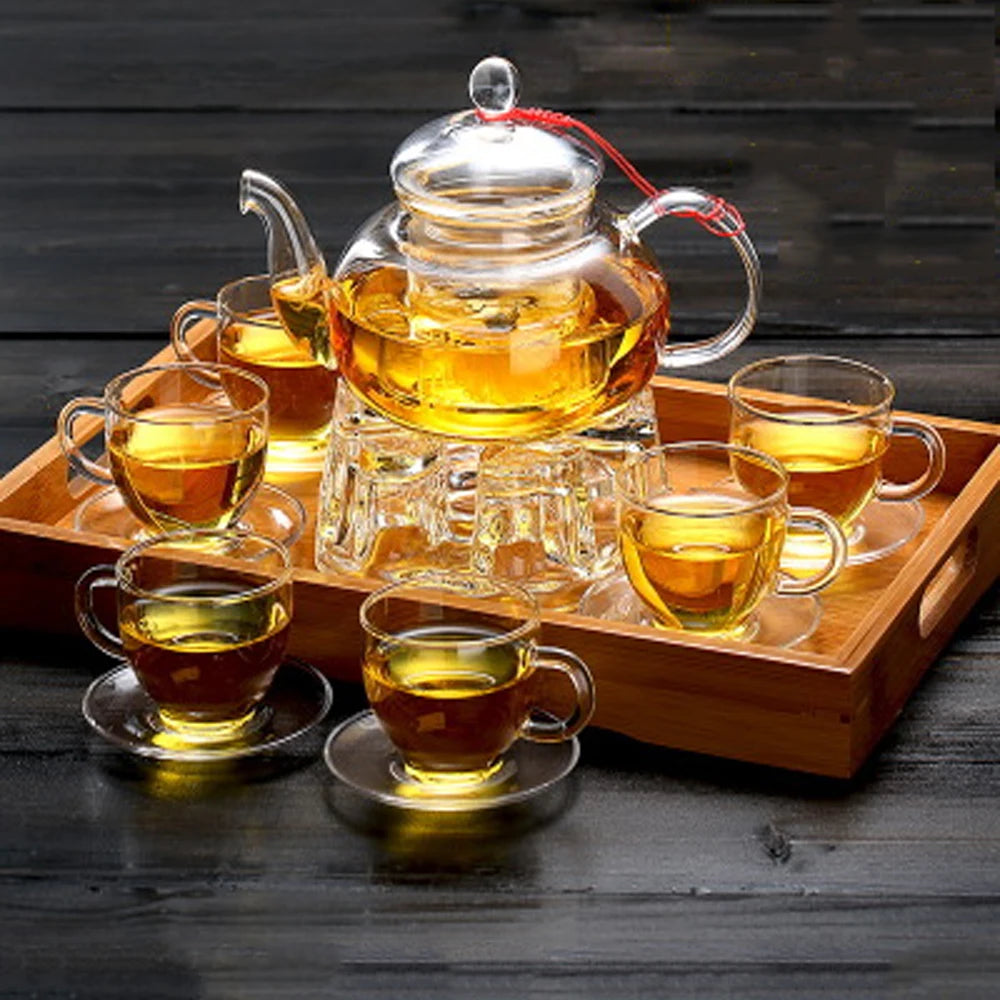 Elegant Glass Tea Set Borosilicate Glass Teapot With Cups Bamboo Tea Tray Tea Set Kettle Warmer Glass Teapot