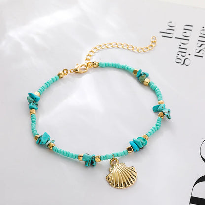 Vintage Irregular Green Stone Chain Anklets for Women Shell Pendant Bracelet on Leg Anklet