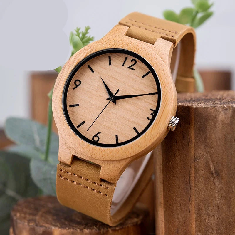 Bamboo Couple Watch Quartz Handmade Leather Ladies Wrist watches Lover's Customized Engrave Logo