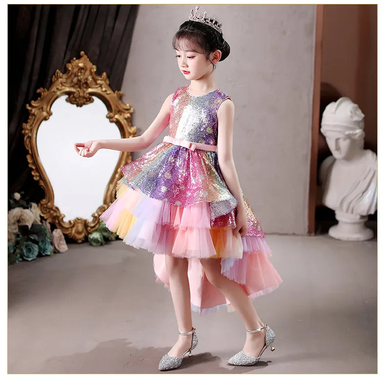 Christmas Rainbow Sequin Dresses for Girls Age 10 11 12 13 Years Children Party Pink Unicorn Tutu Dress Teen Girl Wedding Dress