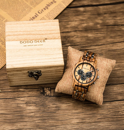 Wooden Watch in Quartz Stop Wristwatches Chronograph Waterproof Luminous Hands