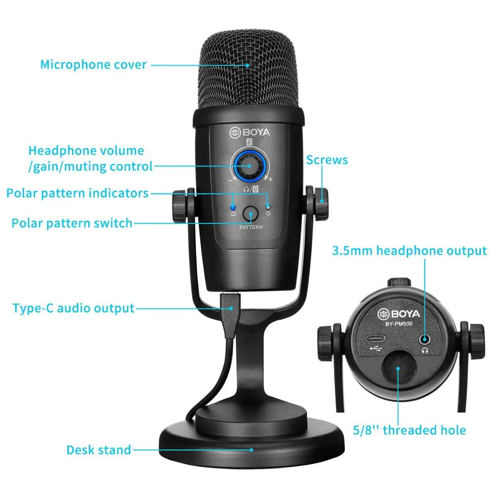 BY-PM500 Gaming Condenser USB Microphone for PC Mobile Phone Android Windows Mac Youtube Recording Streaming Blogger Vlog