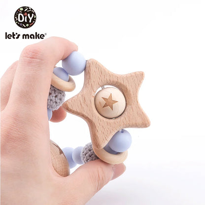 Let's Make 1PC Pacifier Chain Baby Teether Beech Star Wooden Clip Geometric Crochet Beads Pacifier Clip Chain Kids Tiny Rod Toys