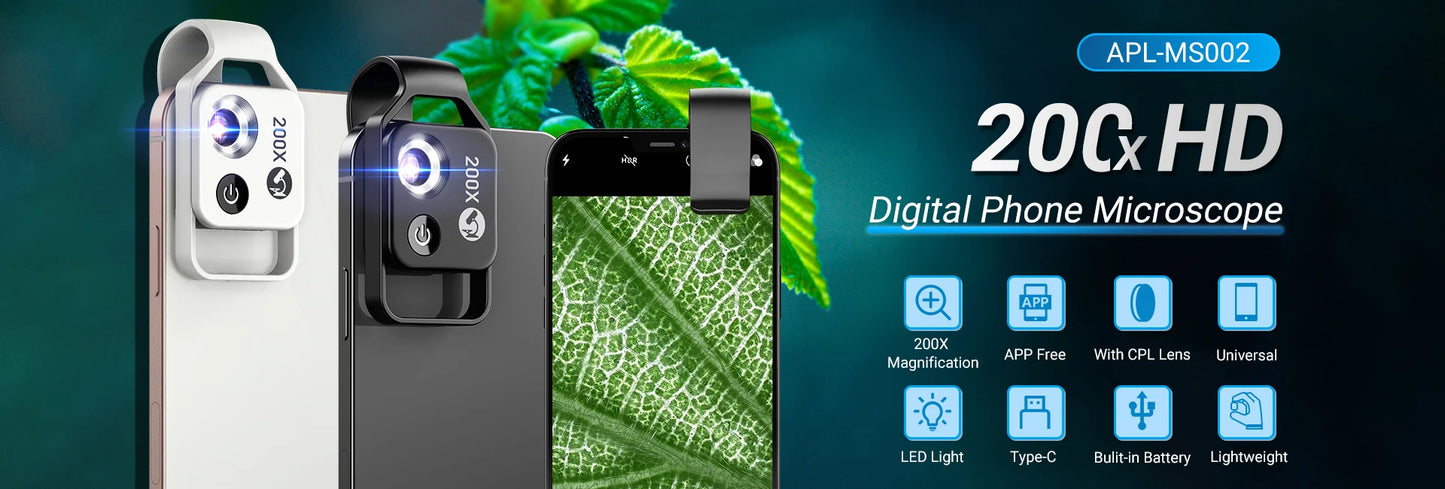 200X Smartphone Microscope Lens with LED Light Universal Clip