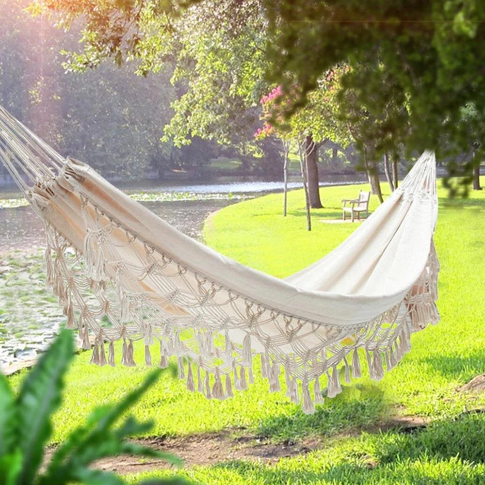 Hammock Boho Style Brazilian Macrame Fringed Deluxe Double Hammock Net Swing Chair Indoor Hanging Swing