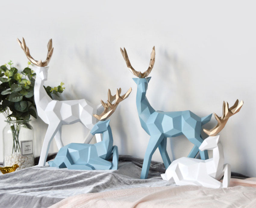 A Couple of 2Pcs Deer Statue Modern Geometric Sculpture Desktop Ornament Figurine Wine Cabinet Cafe TV Showcase Decor