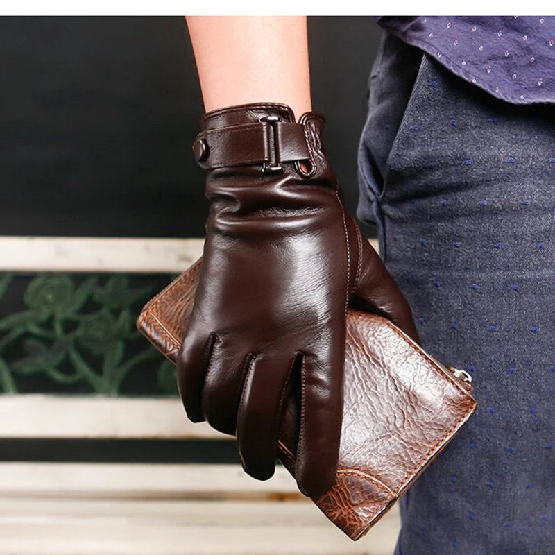 Man Genuine Leather Button Black Thick/Thin Gloves Male Commercial Business meeting MC Host Driving Suede Luvas