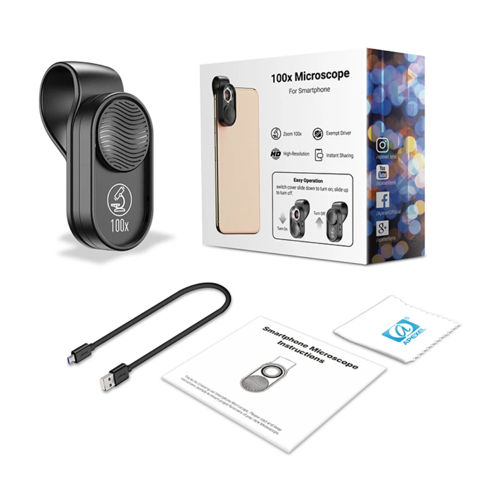 100X Smartphone Microscope Lens with LED Light Universal Clip
