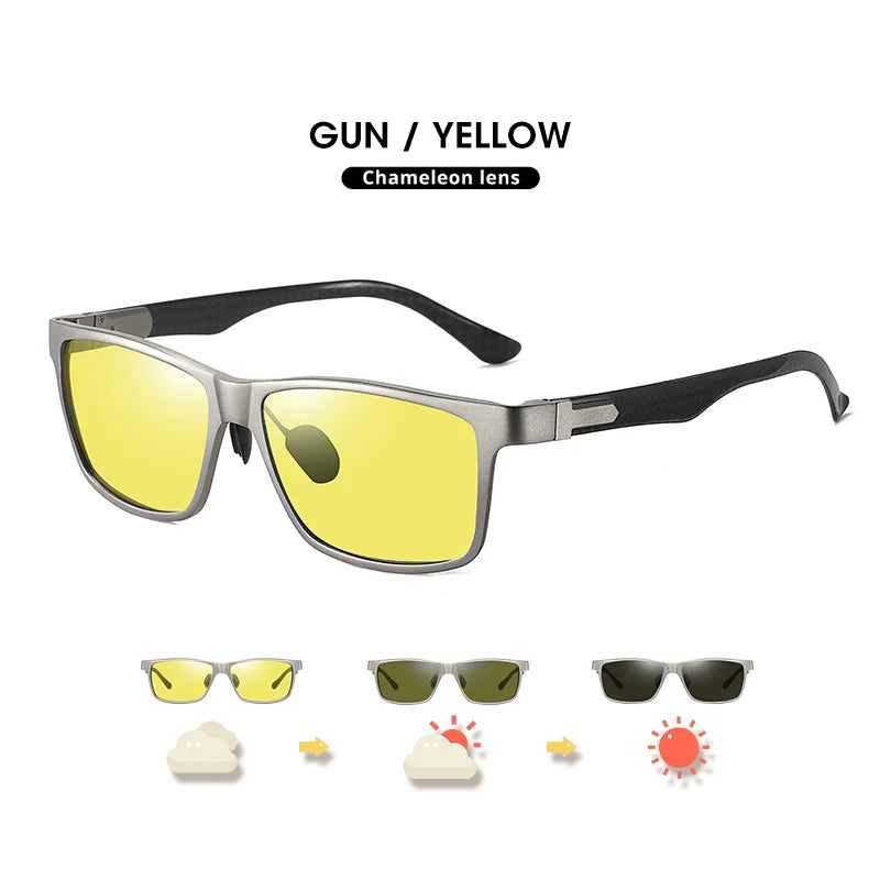 Carbon Fiber Square Photochromic Polarized UV400 Day Night Driving Sunglasses for Men Women