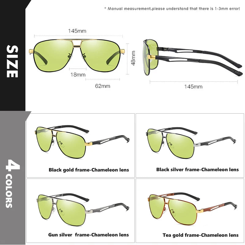 Square Driving Photochromic Polarized Sunglasses Men Yellow Day Night Vision Anti-Glare Sun glasses