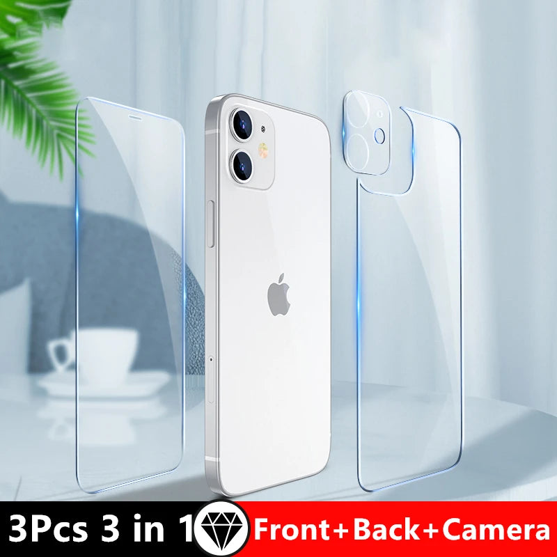 3in1 Front+Back+Lens Full Cover Protective Tempered Glass For iPhone 15 11 12 14 13 Pro Max Clear Screen Protector Glass Film