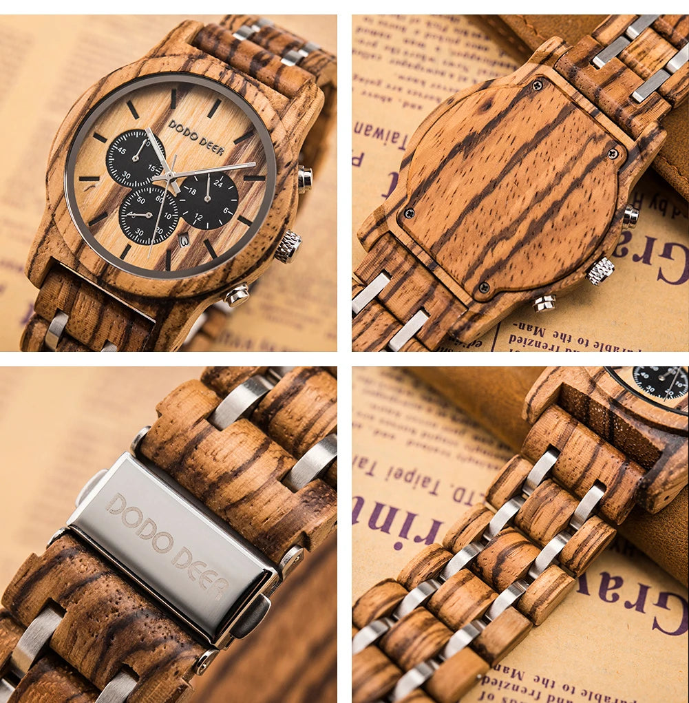 Wooden Watch in Quartz Stop Wristwatches Chronograph Waterproof Luminous Hands