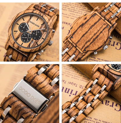 Wooden Watch in Quartz Stop Wristwatches Chronograph Waterproof Luminous Hands