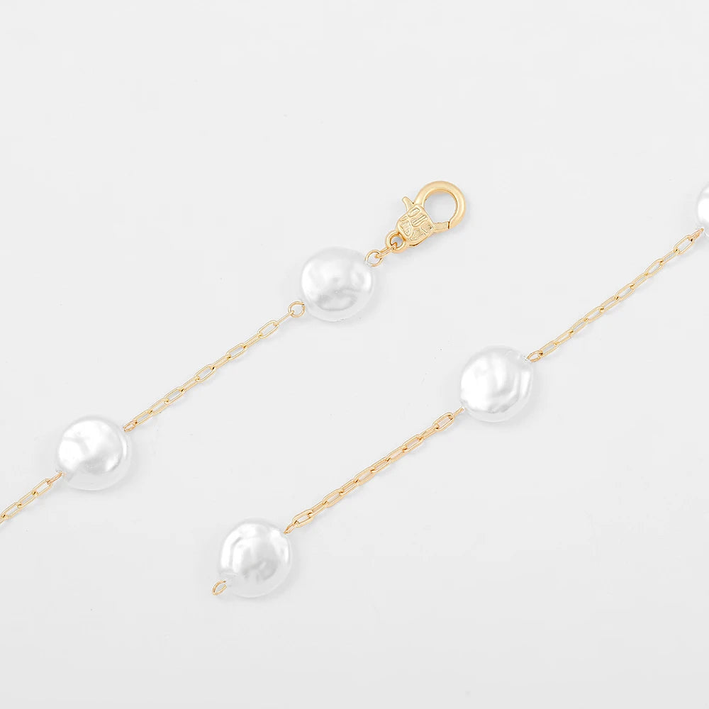 Imitation Pearls Flat Bead Chain On The Necklace For Women Gold Color Long Chain Necklace