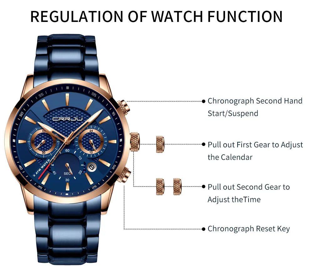 Business Men Watch Fashion Blue Date Chronograph Stianless Steel Wristwatch Mens Casual Waterproof Clock