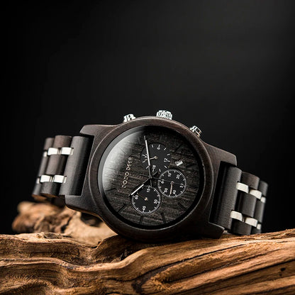 Wooden Stop Watches in Wristwatch Chronograph Auto Date Luminous Hands