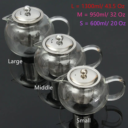 600/950/1300ml Glass Stainless Steel Teapot with Infuser Filter Lid Heat Resistant Tea Pot Kettle