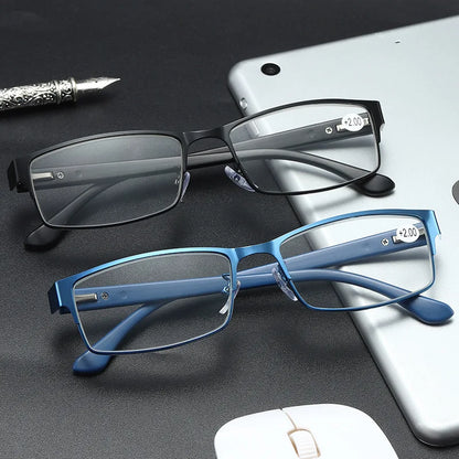 Men Reading Glasses Metal Frame Rectangle Blue Presbyopia Eyewear Women TR90 Spring Leg Eyeglasses Clear Lens