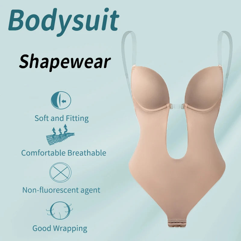 Deep V-Neck Backless Bodysuit Shapewear – Push Up Thong Body Shaper