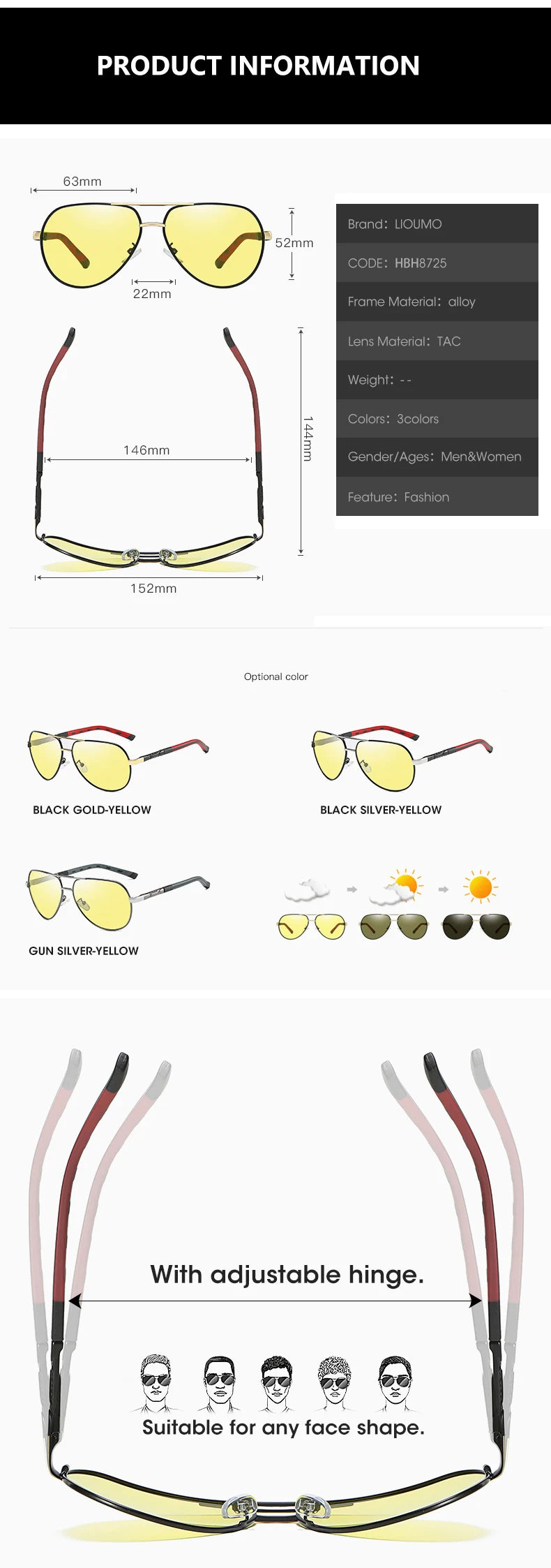 Aviation Photochromic Polarized Night Vision UV400 Driving Sunglasses for Men Women