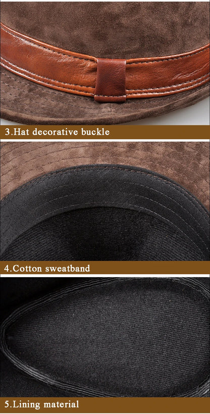 Winter Genuine Leather Top Hats For Men/Women British Gentlemen Wide Brim Stetson Fedoras 55-60cm Fitted Brown Male