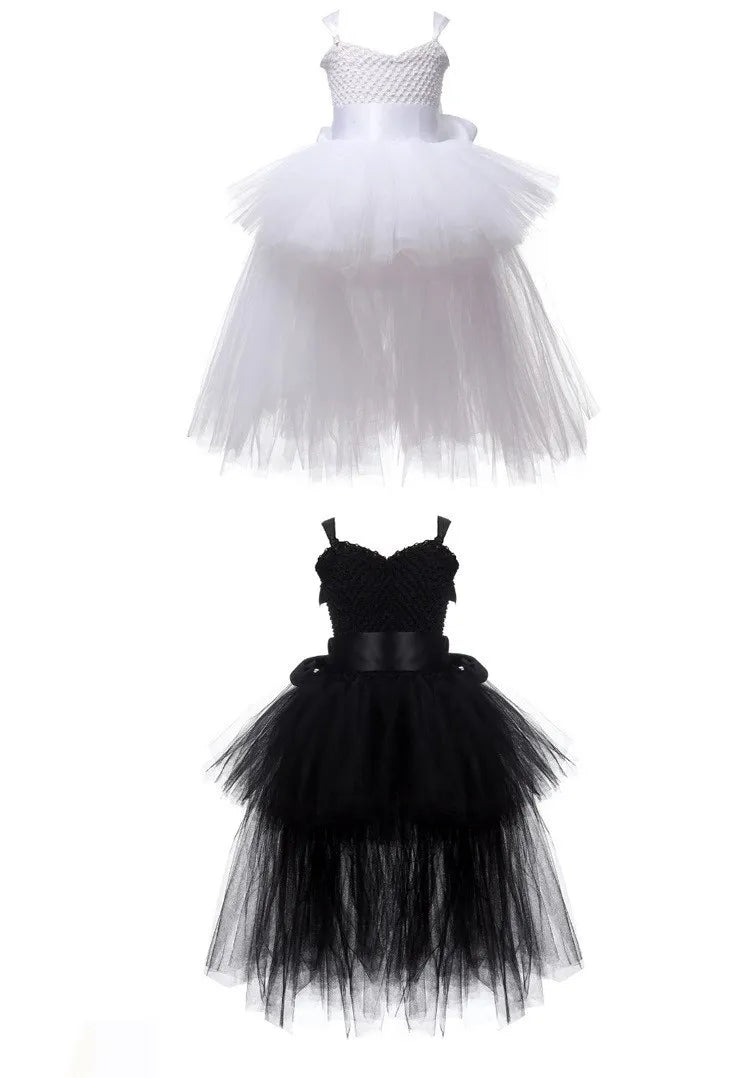 Kids Girls Black Devil Unicorn Tutu Dress V-Neck Train Fallen Dark White Angel Fancy Party Dress Carnival Halloween Costume