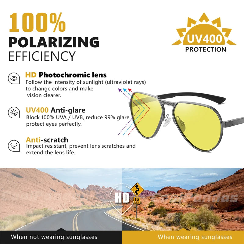 Photochromic Polarized Day Night Vision Driving Sunglasses UV400 Pilot Glasses for Men Women