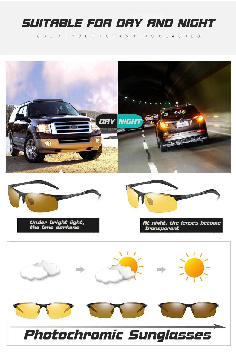 Aluminum Magnesium Photochromic Polarized Sunglasses UV400 Night Vision Driving Glasses for Men Women