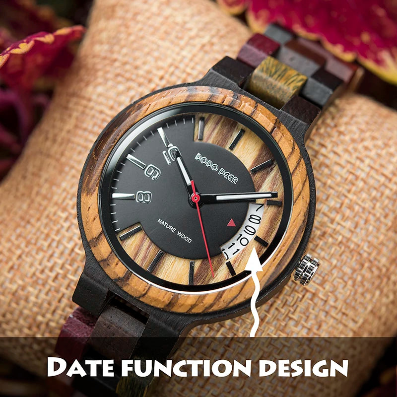 Wristwatches Quartz Watch Auto Date Real Wood Irregular Dial Colorful Band