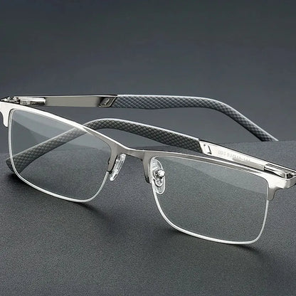 Reading Glasses Men Anti-blue Light Metal Half Frame Presbyopia Eyeglasses Frame Men‘s Bussiness Computer Eyewear +2