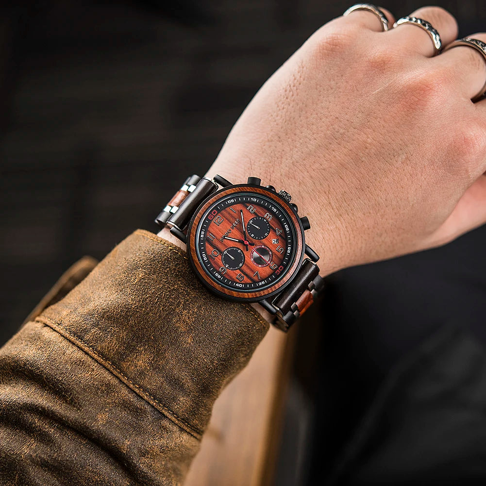 Fashion Classic Watches Wooden Red Sandalwood Quartz Wristwatch Male Chronograph Waterproof Auto Date