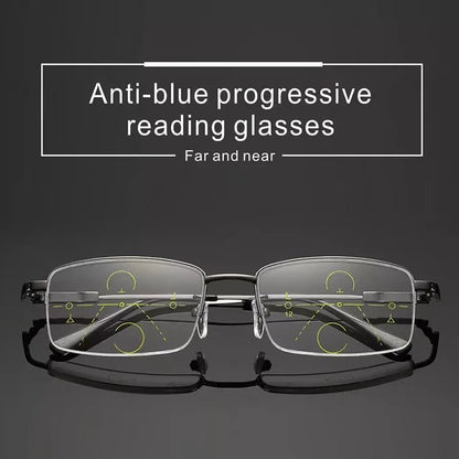 Titanium Alloy Multifocal Reading Glasses Progressive Half Frame Prescription Eyeglasses Anti-Blue Glass Frame Men +4