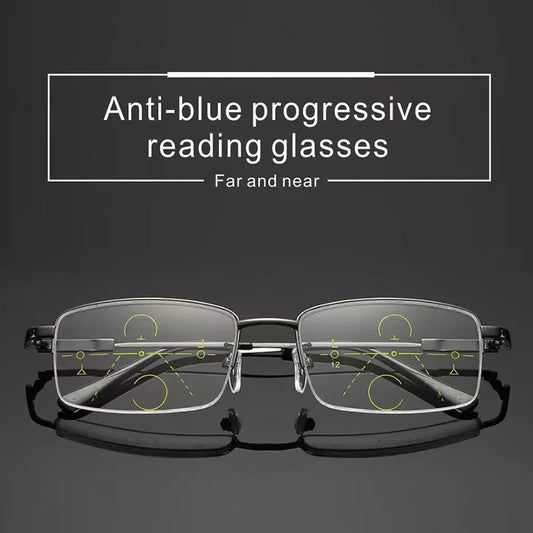 Titanium Alloy Multifocal Reading Glasses Progressive Half Frame Prescription Eyeglasses Anti-Blue Glass Frame Men +4