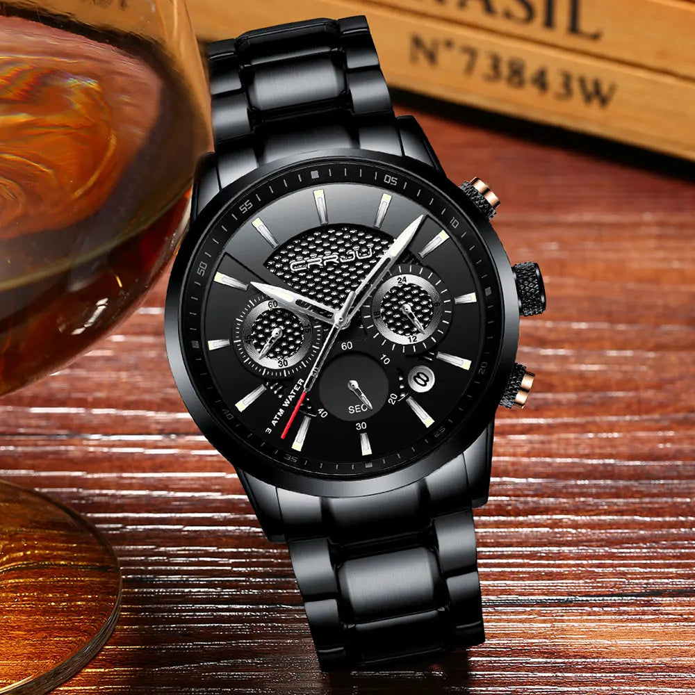 Business Men Watch Fashion Blue Date Chronograph Stianless Steel Wristwatch Mens Casual Waterproof Clock