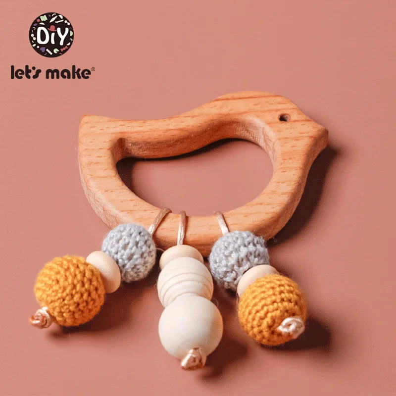 Let's Make 1pc Baby Teether Toys Wooden Animals Birds Pendant Olive Oil Beech Wood Crochet Beads Baby Rattle Stroller Kids Gifts