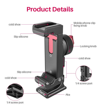 Metal Vertical Shooting Phone Mount Holder Clip with Cold Shoe for Rode Wireless Go Microphone Video Light Vlog