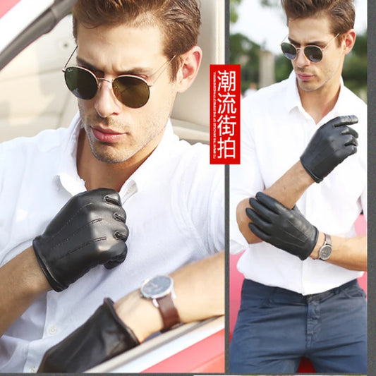 Spring Winter Real Leather Short Thin/Thick Black sheepskin Glove Man Gym Luvas Car Driving Mittens