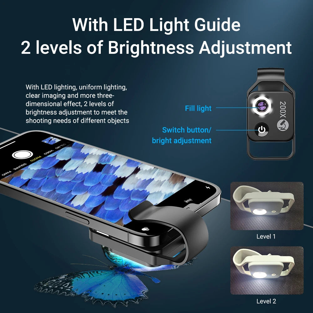 200X Smartphone Microscope Lens with LED Light Universal Clip