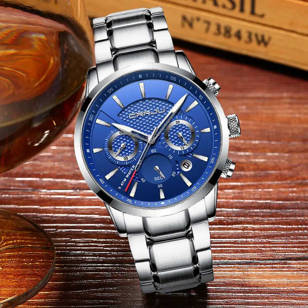 Business Men Watch Fashion Blue Date Chronograph Stianless Steel Wristwatch Mens Casual Waterproof Clock