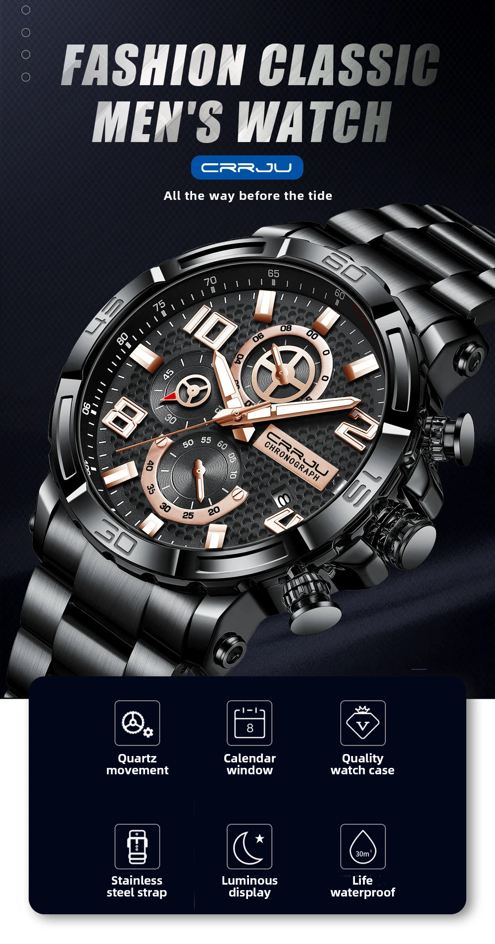 Men Watches Big Dial Waterproof Stainless Steel with Luminous handsDate Sport Chronograph Watches Relogio Masculino