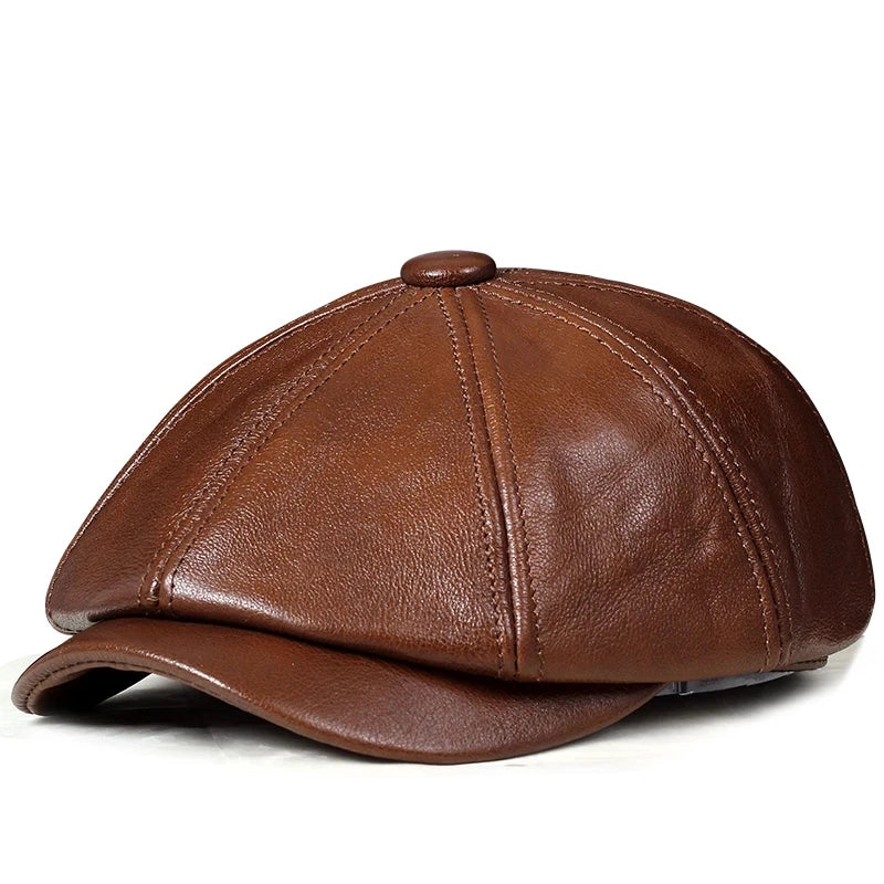 Genuine Leather Hat Cap belt Cowhide beret Warm winter cotton men padding hunting hat ear flap