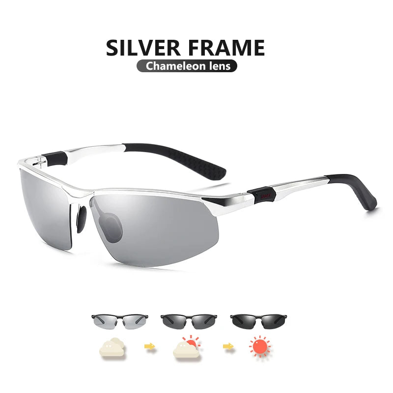 Aluminum Rimless Photochromic Polarized UV400 Driving Sunglasses for Men Women