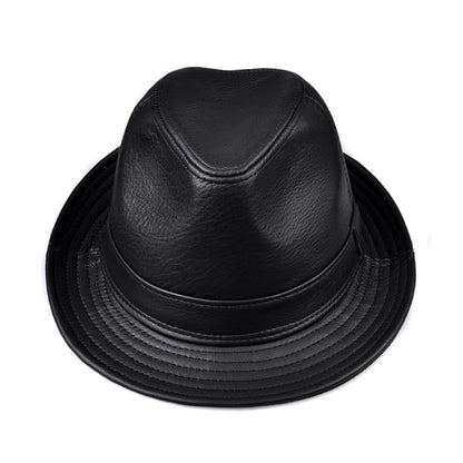 Man High Quality Genuine Leather Jazz Fedora Gentleman Cow Skin Short Brim Top Hat Male Shows Topper