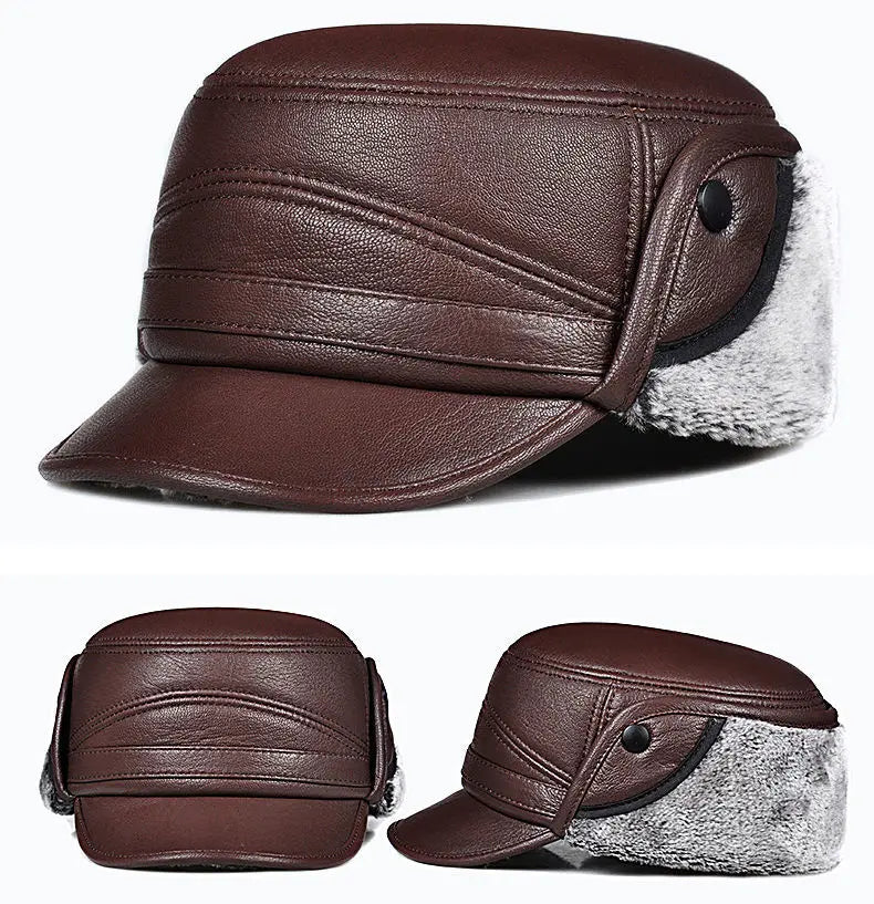 Winter High Quality Genuine Leather Hats Cowhide Keep Warm Earmuffs Bomber Caps Plus Velvet Thicken Man Bone Caps