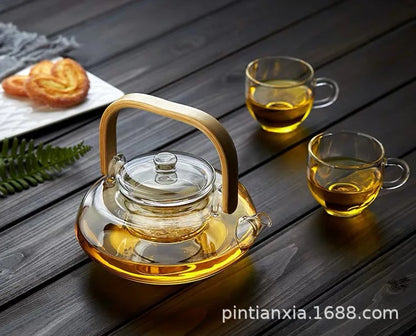 Bamboo-wood Glass Tea-making Teapot Hand-thickened Tea Pot with Filter Liner Flower Can Be Heated By Electric Pottery Oven