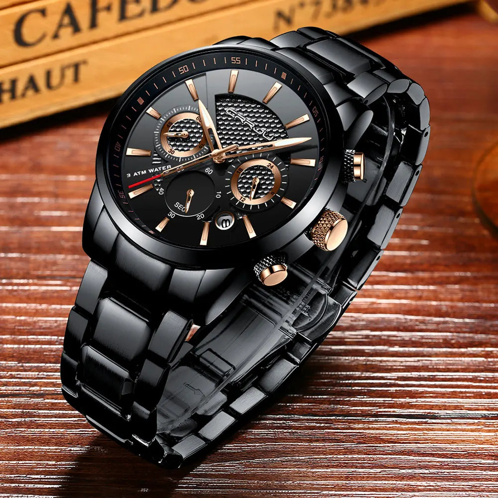 Business Men Watch Fashion Blue Date Chronograph Stianless Steel Wristwatch Mens Casual Waterproof Clock